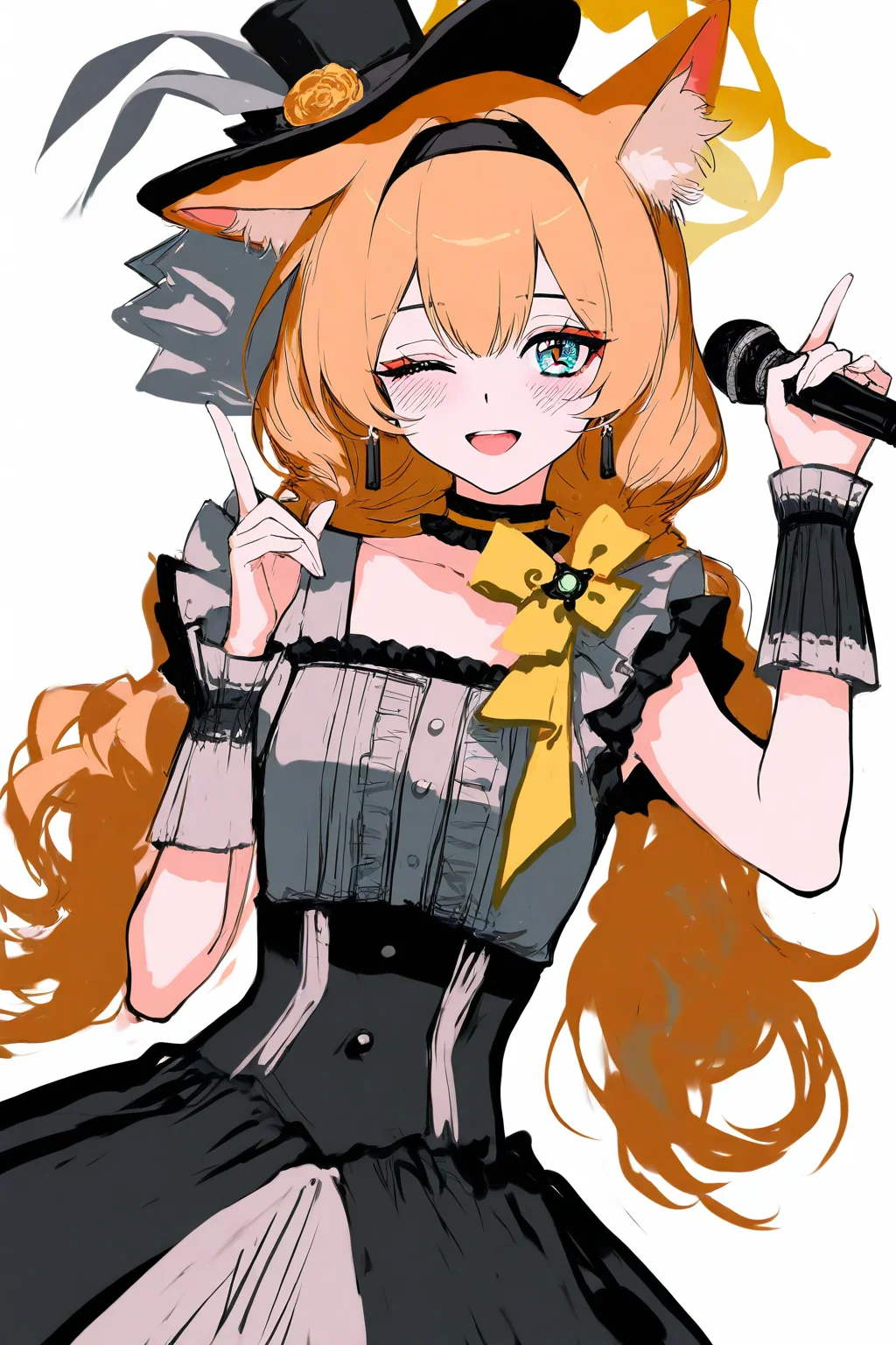 1girl,mari \(idol\) \(blue archive\),halo,solo,animal ears,yellow halo,one eye closed,microphone,mari \(blue archive\),long hair,holding,smile,animal ear fluff,blush,open mouth,white background,fox ears,holding microphone,simple background,alternate costume,looking at viewer,hair between eyes,upper body,frills,sleeveless,jewelry,choker,
(sheya:0.2),(wlop:0.4),(sy4:1.1),(ciloranko:0.8),(ask \(askzy\):0.5),(remsrar:0.6),(cogecha:1.2),(artist:alpha:0.7),
very aesthetic,highres,high definition,masterpiece,best quality,amazing quality,absurdres,
<lora:mari_NoobXL:1>,