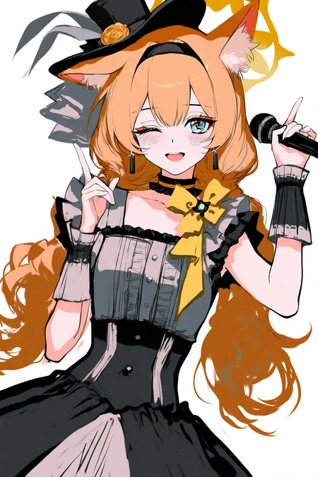 1girl,mari \(idol\) \(blue archive\),halo,solo,animal ears,yellow halo,one eye closed,microphone,mari \(blue archive\),long hair,holding,smile,animal ear fluff,blush,open mouth,white background,fox ears,holding microphone,simple background,alternate costume,looking at viewer,hair between eyes,upper body,frills,sleeveless,jewelry,choker,
(sheya:0.2),(wlop:0.4),(sy4:1.1),(ciloranko:0.8),(ask \(askzy\):0.5),(remsrar:0.6),(cogecha:1.2),(artist:alpha:0.7),
very aesthetic,highres,high definition,masterpiece,best quality,amazing quality,absurdres,
<lora:mari_NoobXL:1>,