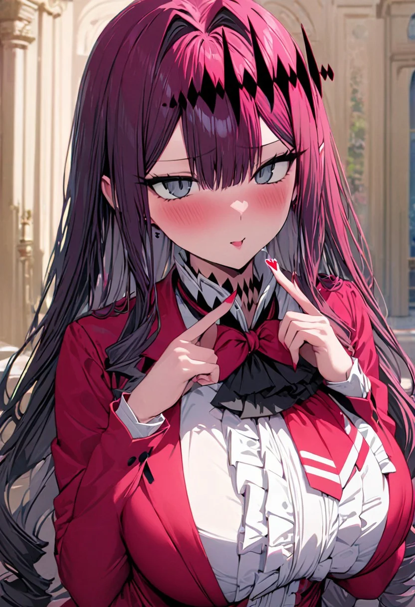 masterpiece, best quality, ultra-detailed, anime, masterpiece, intricate, best quality, 4k, (high detail:1.2), (incredibly detailed:1.4), (high detailed background, mansion), baobhan-sith-(fate), huge breasts, look away from viewer, finger heart, blush