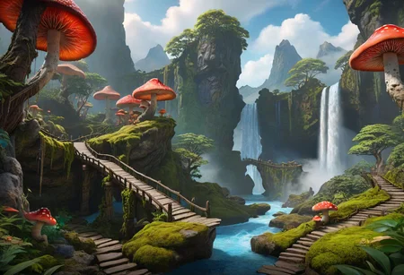 masterpiece, best quality, ultra detailed, professional light, cinematic lighting, ambient lighting, atmospheric effects, photorealistic, epic landscape, high fantasy, waterfall, mountains, cliff, one bridge, (Kintsugi style path), clouds, high trees, large trees, weird trees, colorful mushrooms, jungle.
Right side lava. Left side water.