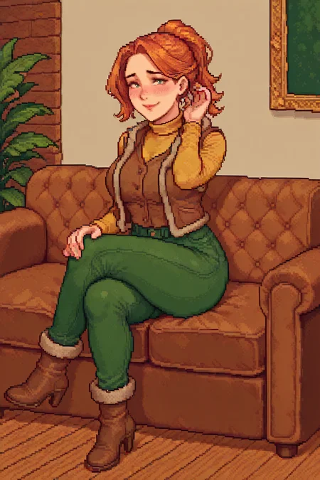 masterpiece,best quality,monopixel_portrait,pixel art,pixel,clean pixel art,sharp pixels,pixelated,square pixels,limited color palette,clean edges,
(looking at viewer:1.1),full body,solo,milf,mature female,
natural busty,blush,shy,contrapposto,smile,hand on knees,sitting on couch,crossed legs,adjusting hair,
<lora:Robin_-_IL:0.8>,large saggying breasts,Robin_SDV,Green eyes,orange hair,ponytail,yellow turtleneck,green pants,brown vest,fur trim,tight jeans,high heel boots,
living room,<lora:Stardew_Portrait:1>,