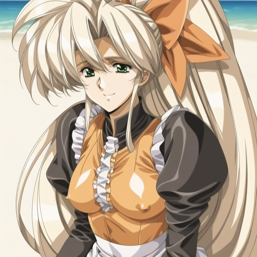 fr0nt1nn0c3ntStyl3, Style: Front Innocent, Artist Style: Urushihara Satoshi, 1girl, masterpiece, highres, high quality, fantasy, score_9, score_8_up, score_7_up, score_6, source_anime, rating_lewd, cowboy shot, mature female, Faye_(Front_Innocent), BREAK, beach, (covered nipples), seductive smile, smile BREAK, , BREAK, Faye, blonde hair,very long hair,high ponytail,very long sidelocks,hair bow,green eyes, dress,black shirt,orange vest,long_sleeves, white skirt,frills, black pantyhose, short boots,