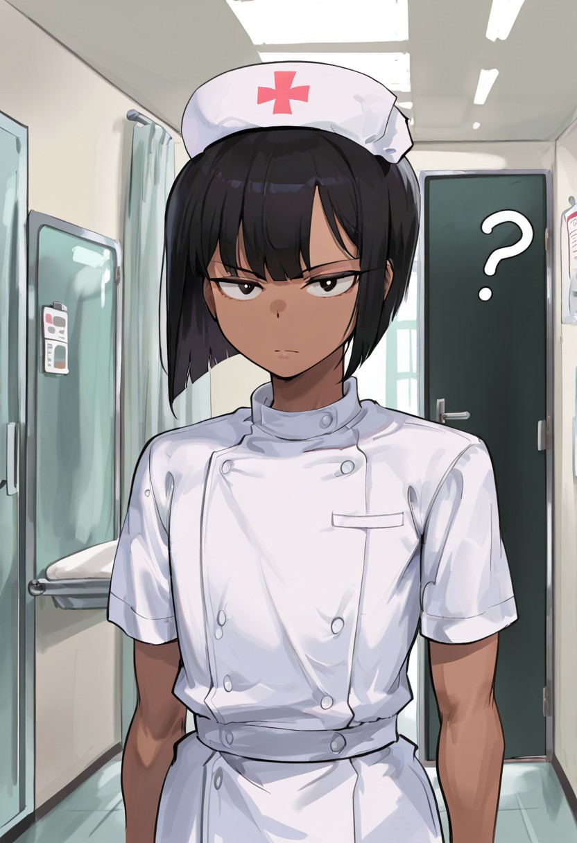 1boy, solo, male focus, dark skin, short hair, black hair, straight hair, nurse outfit, looking at viewer, ?, serious, hospital, booruguru, masterpiece