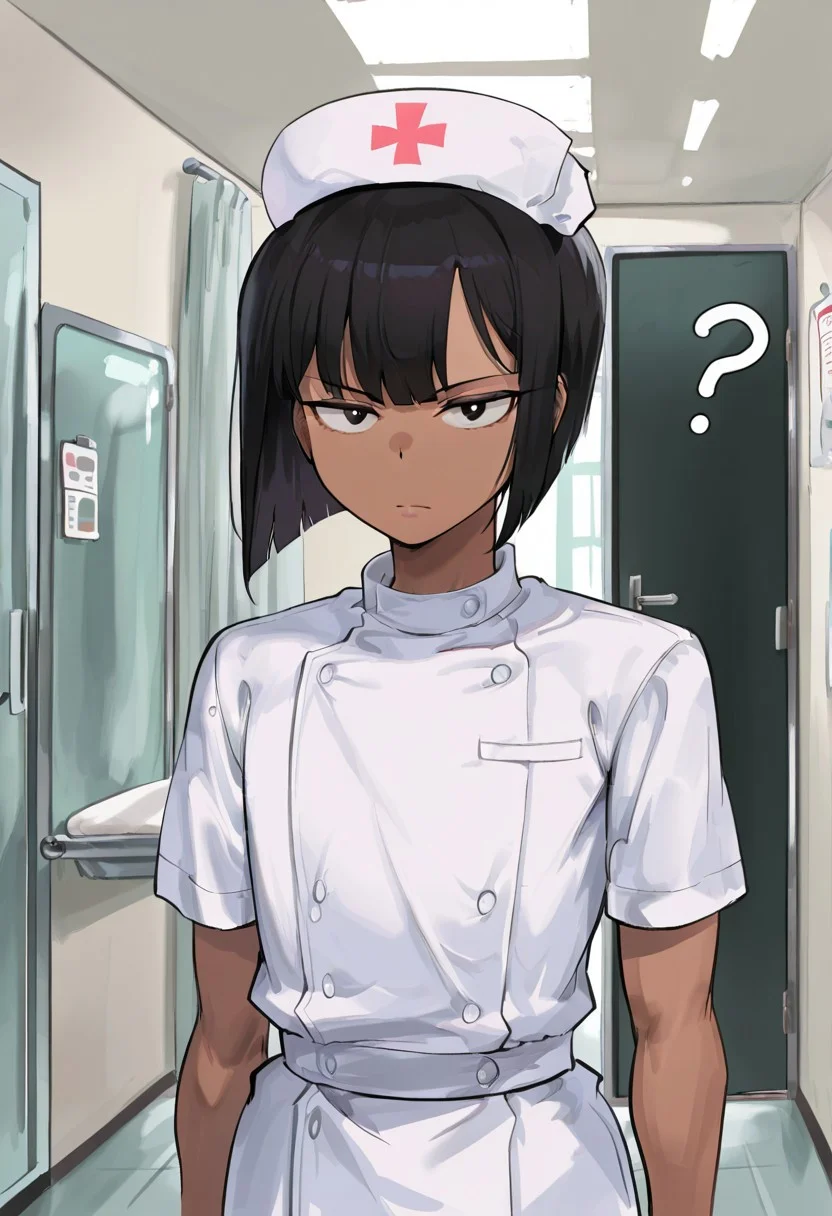 1boy, solo, male focus, dark skin, short hair, black hair, straight hair, nurse outfit, looking at viewer, ?, serious, hospital, booruguru, masterpiece