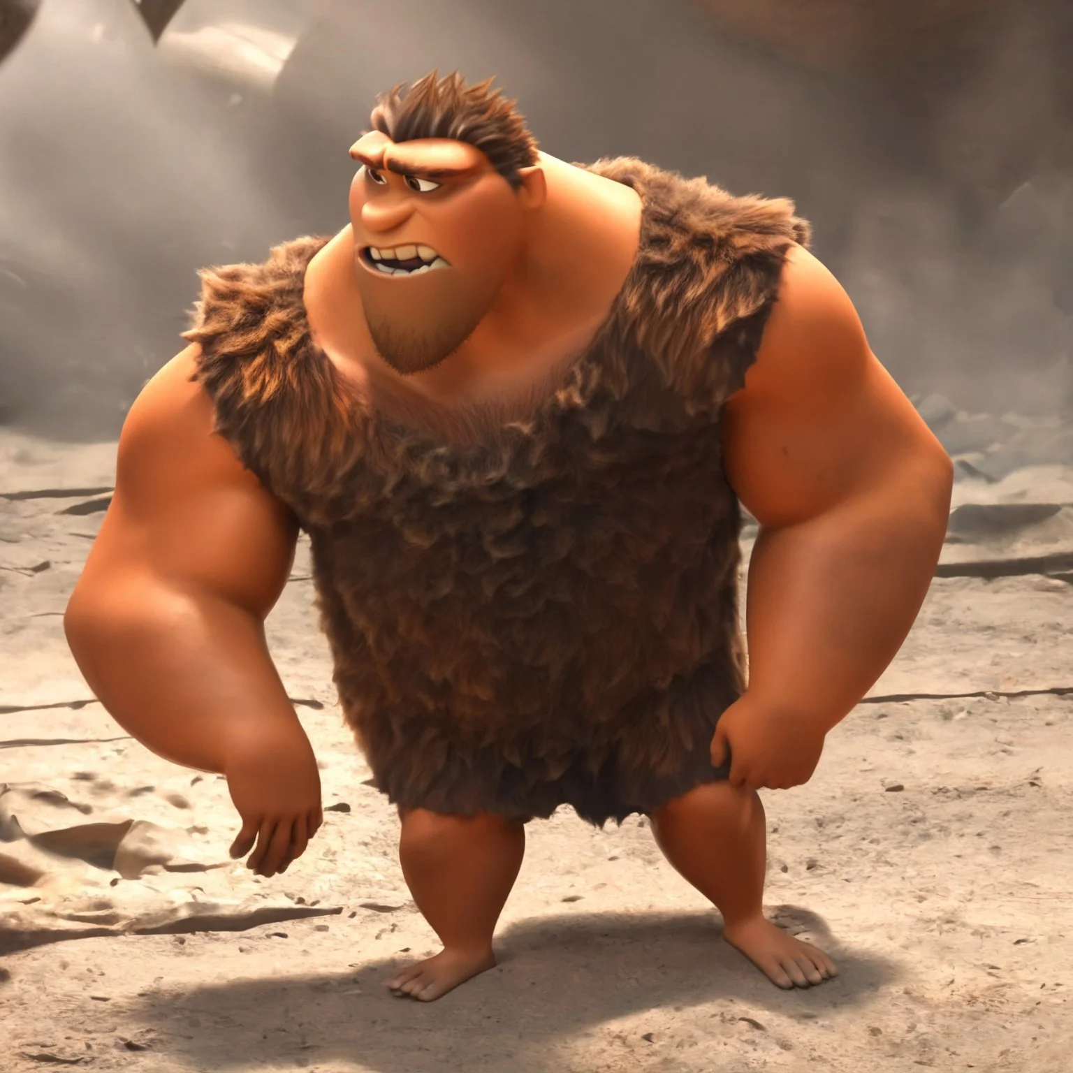 Grug, 1boy, short hair, facial hair, bara, musuclar, thick eyebrows, chest hair, brown hair, stubble, pectorals, brown eyes, arm hair, leg hair, sleeveless, tattered tunic, furry top, brown fur, caveman, broad shoulders,