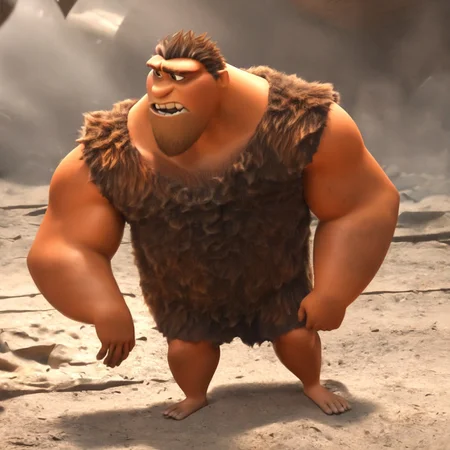 Grug, 1boy, short hair, facial hair, bara, musuclar, thick eyebrows, chest hair, brown hair, stubble, pectorals, brown eyes, arm hair, leg hair, sleeveless, tattered tunic, furry top, brown fur, caveman, broad shoulders,