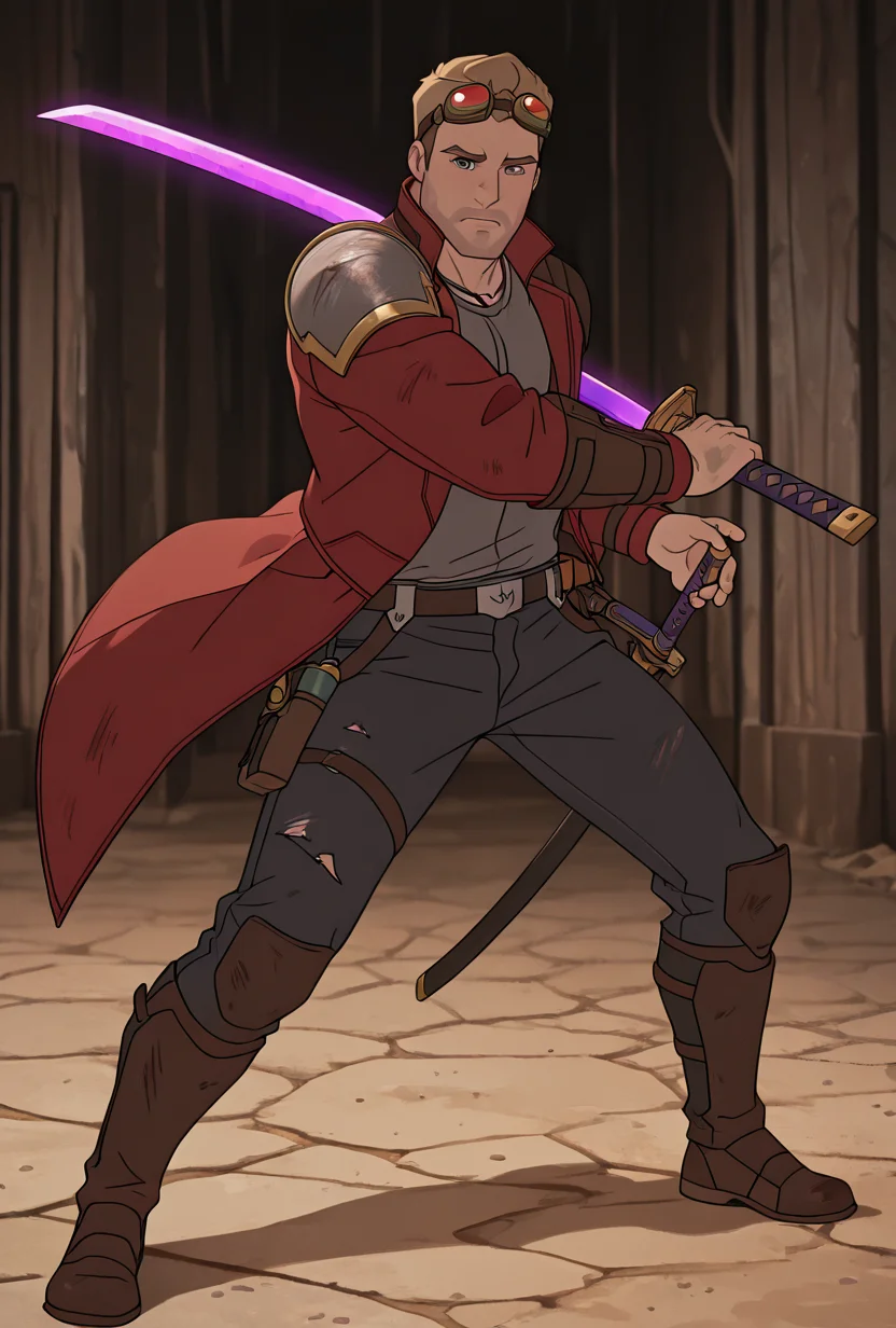 <lora:starlord-10:1> starlord, 1boy, dirty blonde hair, red jacket, gray shirt, short hair, open jacket, looking at viewer, goggles on head, head goggles, full body, ((long red coat,)), torn clothes, , black jeans, holding purple sword,  ((  shoulder plate,)), loose belt, black necklace, samurai aesthetic, shirt print, dynamic pose, masterpiece, best quality, amazing quality, very aesthetic, absurdres, newest,