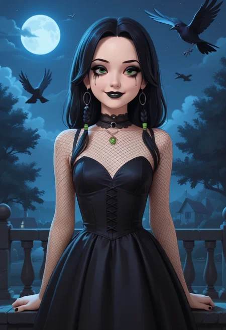 score_9, score_8_up, score_7_up, 1girl, solo, Lucinda_the_witch, (adult body:1.2), perfect eyes, petite body, medium round breasts, green eyes, black hair, long hair, emo makeup, black eyeliner, black eyeshadow, black lipstick, shy smile, erotic dress, short dress, fishnet dress, posing sensually, crows, night, dark, gloomy