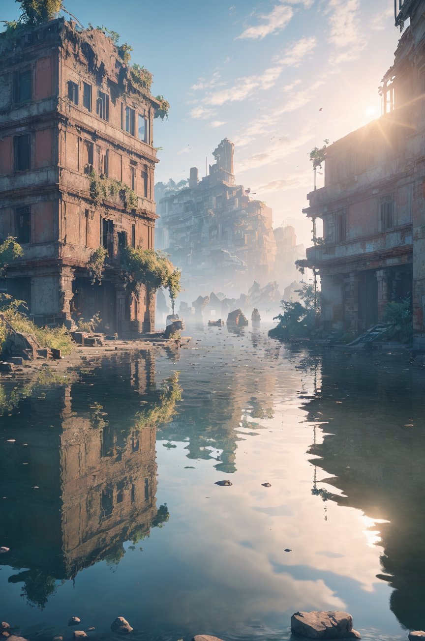 (8k, RAW photo, best quality, masterpiece:1.2), (realistic, photo-realistic:1.37), octane render, ultra high res, ultra-detailed , professional lighting, photon mapping, radiosity, physically-based rendering, ue5, ((island sanctuary)), ((ancient fallen kingdom)), ((reflections in water)), ((raytracing)), ((drowned city))