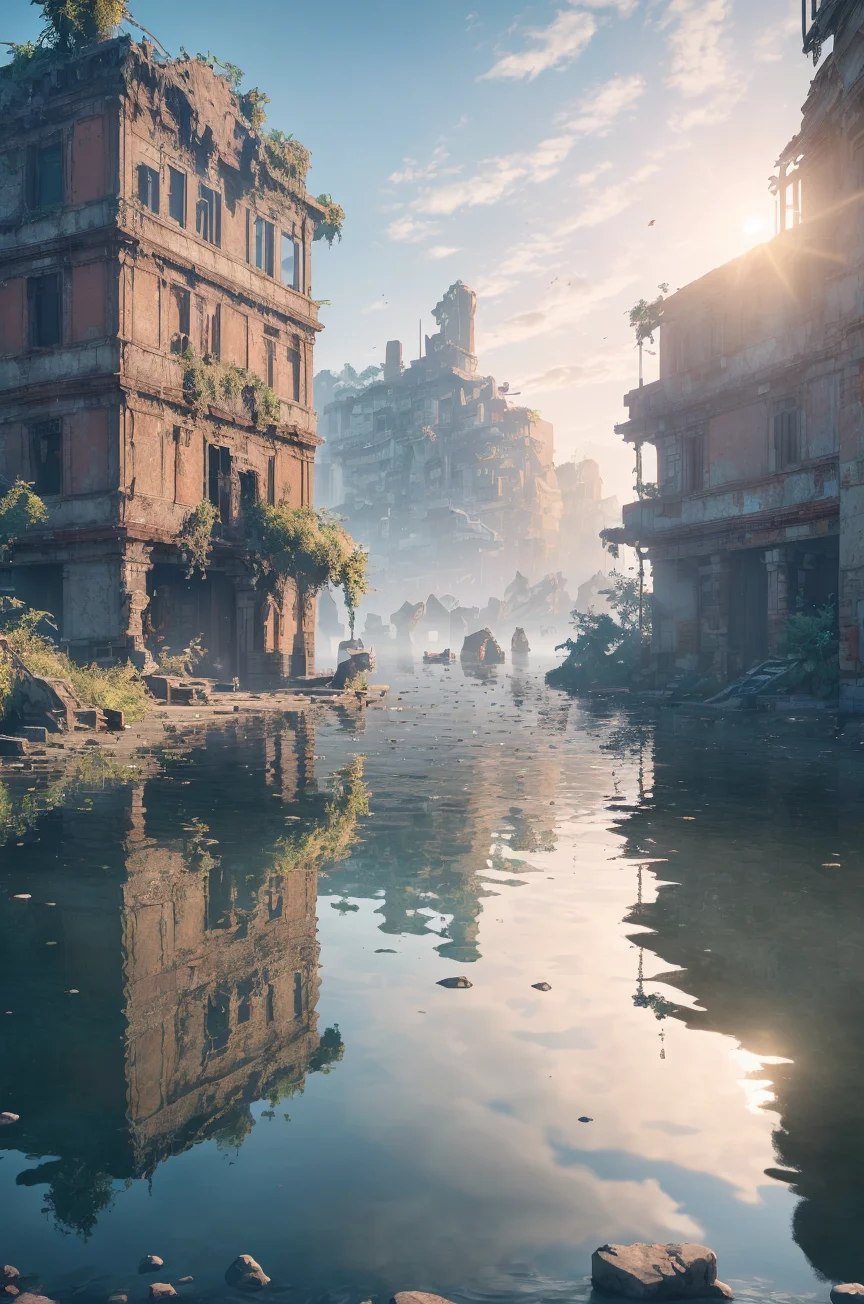 (8k, RAW photo, best quality, masterpiece:1.2), (realistic, photo-realistic:1.37), octane render, ultra high res, ultra-detailed , professional lighting, photon mapping, radiosity, physically-based rendering, ue5, ((island sanctuary)), ((ancient fallen kingdom)), ((reflections in water)), ((raytracing)), ((drowned city))
