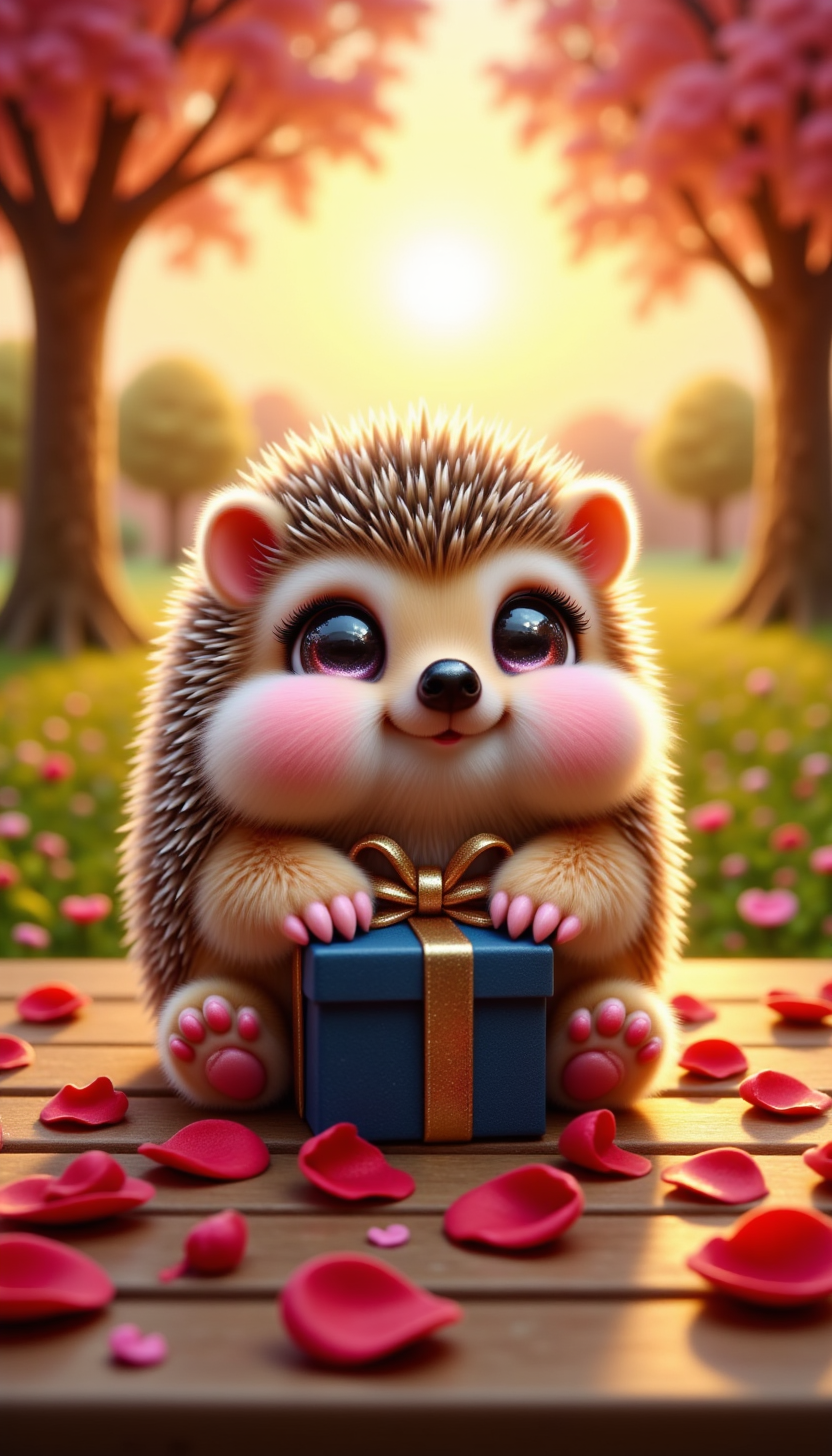 pinkchibivalentine, 
A round, spiky hedgehog with soft brown quills, big shiny black eyes, and pink-tipped paws. Itâs holding a small navy-blue gift box with a gold ribbon, sitting on a wooden picnic table decorated with scattered red rose petals under a golden sunset sky.