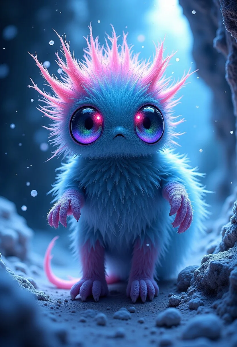 (huge eyes, big eyes, beautiful rainbow eyes) In a dazzling ice cave, a radiant monster/creature with richly hued, meticulously detailed feathers stands out against the vibrant, prismatic light that dances and refracts throughout the shimmering space. Snowflakes fall around a fluffy, pastel-colored ice creature, its huge eyes gleaming. The light creates a mesmerizing kaleidoscope of vivid colors amidst the swirling, fractal formations, casting dramatic, high-contrast shadows and bathing the scene in extreme dramatic lighting.