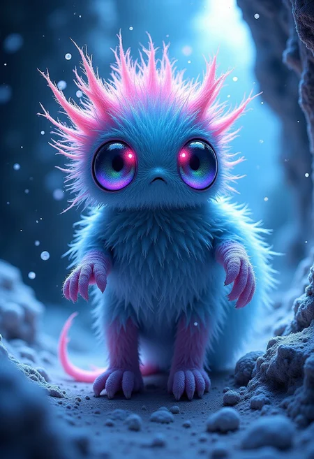 (huge eyes, big eyes, beautiful rainbow eyes) In a dazzling ice cave, a radiant monster/creature with richly hued, meticulously detailed feathers stands out against the vibrant, prismatic light that dances and refracts throughout the shimmering space. Snowflakes fall around a fluffy, pastel-colored ice creature, its huge eyes gleaming. The light creates a mesmerizing kaleidoscope of vivid colors amidst the swirling, fractal formations, casting dramatic, high-contrast shadows and bathing the scene in extreme dramatic lighting.