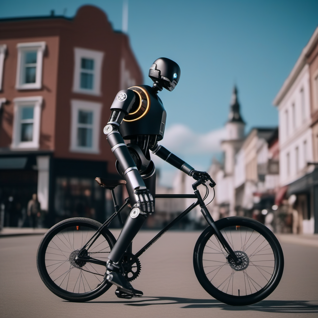 cinematic photo robot, solo, no humans, riding a bicycle in town  <lora:K2SO:0.8> . 35mm photograph, film, bokeh, professional, 4k, highly detailed