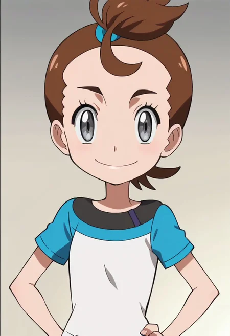 score 9, score 8 up, score 7 up, source anime, anime screencap, anime screenshot, looking at viewer, Verity, topknot, brown hair, short hair, gray eyes, flat chest, upper body, hands on hip. short sleeves, smile, gradient background