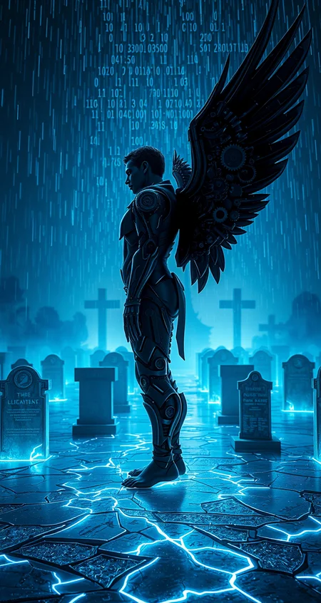 A dark angel in profile, with mechanical wings made of twisted metal and gears, stands at the center of an abandoned, futuristic cemetery. The angel's body is a fusion of organic and mechanical, with glowing cybernetic eyes and veins of blue light running through its dark, armored skin. The cemetery is filled with holographic tombstones flickering in and out of existence, and the ground is made of cracked, glowing neon glass. The sky above is a digital void, with code cascading like rain. The scene is illuminated by a cold, artificial light from below, creating a surreal, otherworldly atmosphere. The camera angle captures the angel from the side, emphasizing the contrast between the dark figure