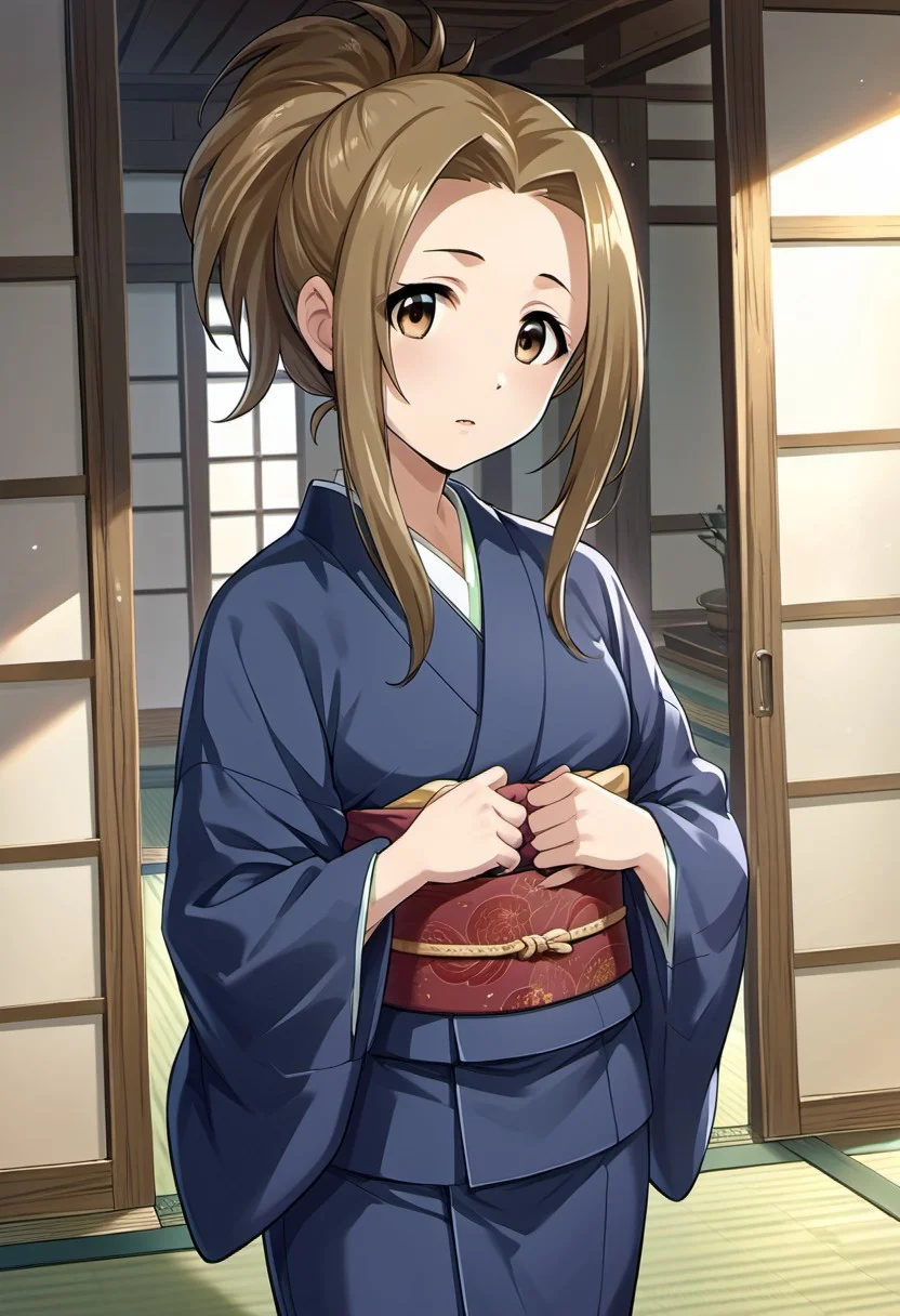 score_9, score_8_up, score_7_up, source_anime, manabe itsuki, brown hair, brown eyes, ponytail, 1girl, japanese clothes, kimono, solo, looking at viewer, long hair, tatami