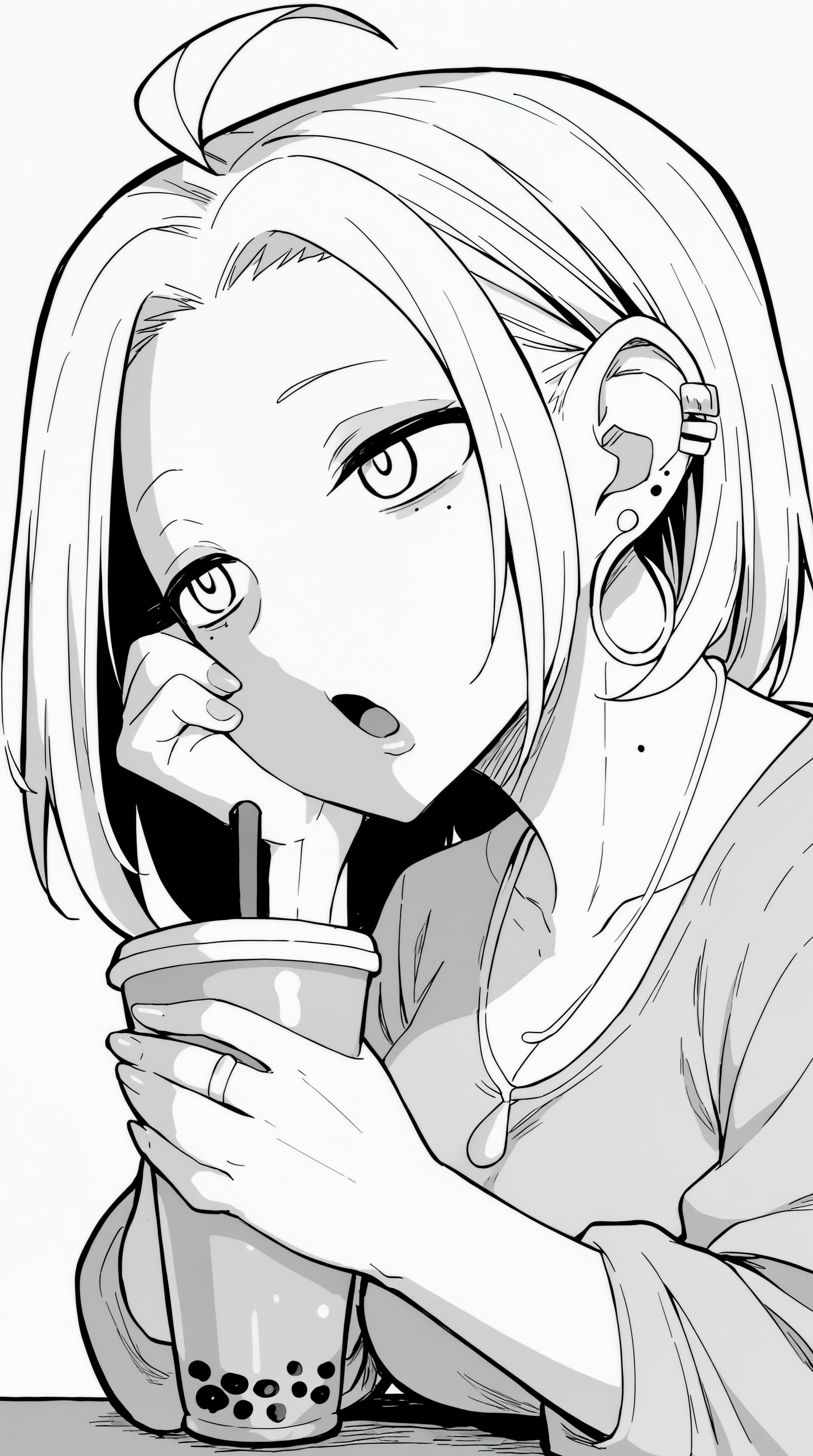 score_9, score_8_up, score_7_up, monochrome, manga_source, best background, detailed background, manga, greyscale, monochrome  Misaki Agawa, solo, open mouth, shirt, white background, holding, necklace, piercing, head rest, drinking , bubble tea,  <lora:JN_Misaki_Agawa_Pony:0.8>