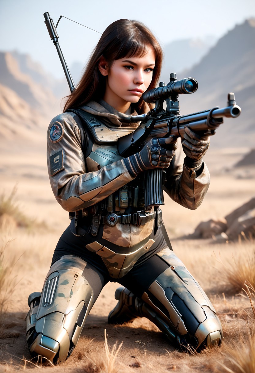 score_9, score_8_up, score_7_up, (masterpiece, best quality, ultra-detailed, realistic), a giant, powerful mecha suit, ready to face a challenging enemy in the midst of a futuristic battle, aiming a large sniper rifle of to the side while kneeling on one knee, sniper rifle,