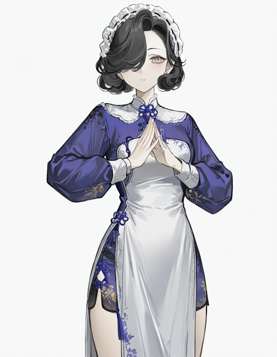 tuesday,1girl,solo,looking at viewer,simple background,white background,cowboy shot,own hands together,<lora:lanshoupa-000012:0.9>,alternate costume,china_dress,, masterpiece, best quality, very aesthetic, absurdres,newest, incredibly absurdres,