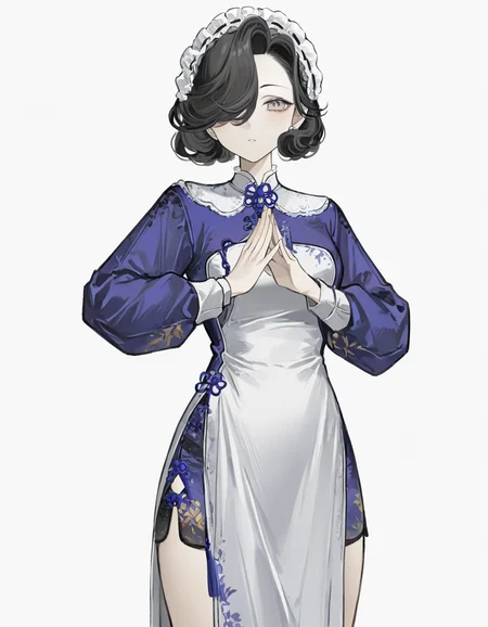 tuesday,1girl,solo,looking at viewer,simple background,white background,cowboy shot,own hands together,<lora:lanshoupa-000012:0.9>,alternate costume,china_dress,, masterpiece, best quality, very aesthetic, absurdres,newest, incredibly absurdres,