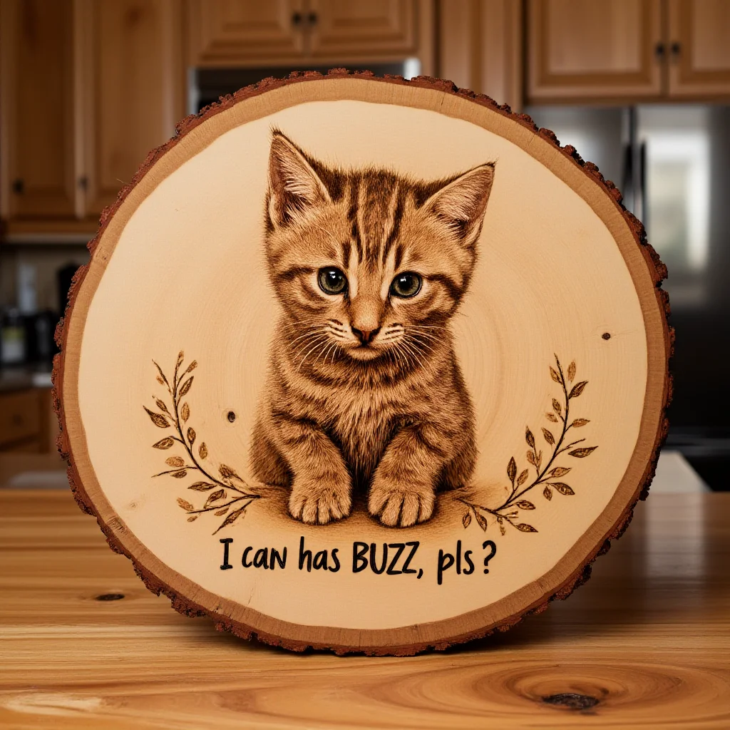 <lora:Pyrography_FLUX-000027:1> Pyrography , cute kitten design, highly detailed, " I can has BUZZ, pls?" wood burned, spelled out at the bottom, close -up, highly detailed, stained dark red, round piece of tree trunk being displayed on a knotted wooden countertop in a rustic lodge