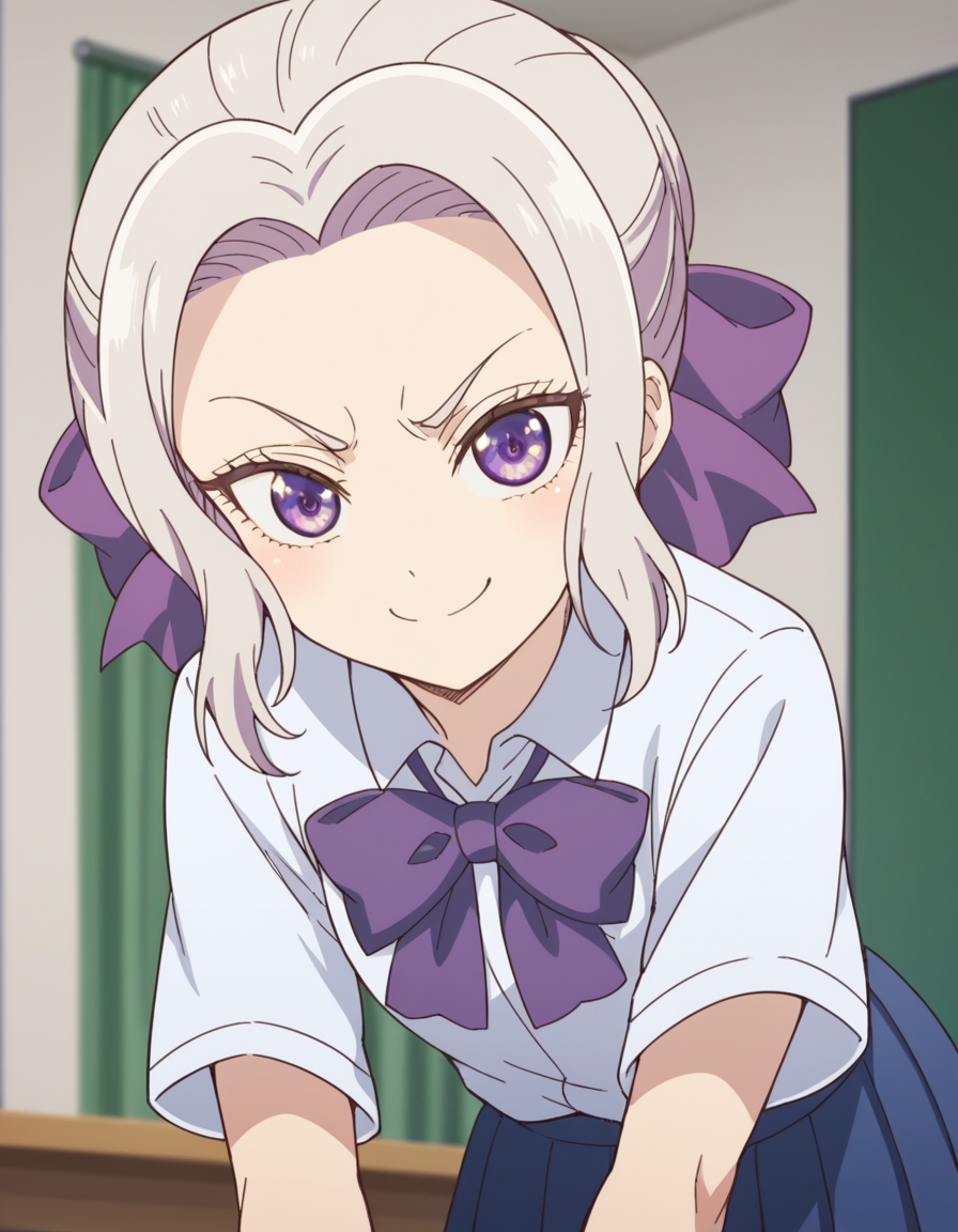 score_9, score_8_up, score_7_up, source_anime, <lora:shino-kiryuu-s2-ponyxl-lora-nochekaiser:1>, shino kiryuu, purple eyes, white hair, hair bow, purple ribbon,, skirt, shirt, bow, school uniform, white shirt, short sleeves, pleated skirt, bowtie, blue skirt,, indoors, bent over, smile, smug, looking at viewer, solo,, cowboy shot, dutch angle