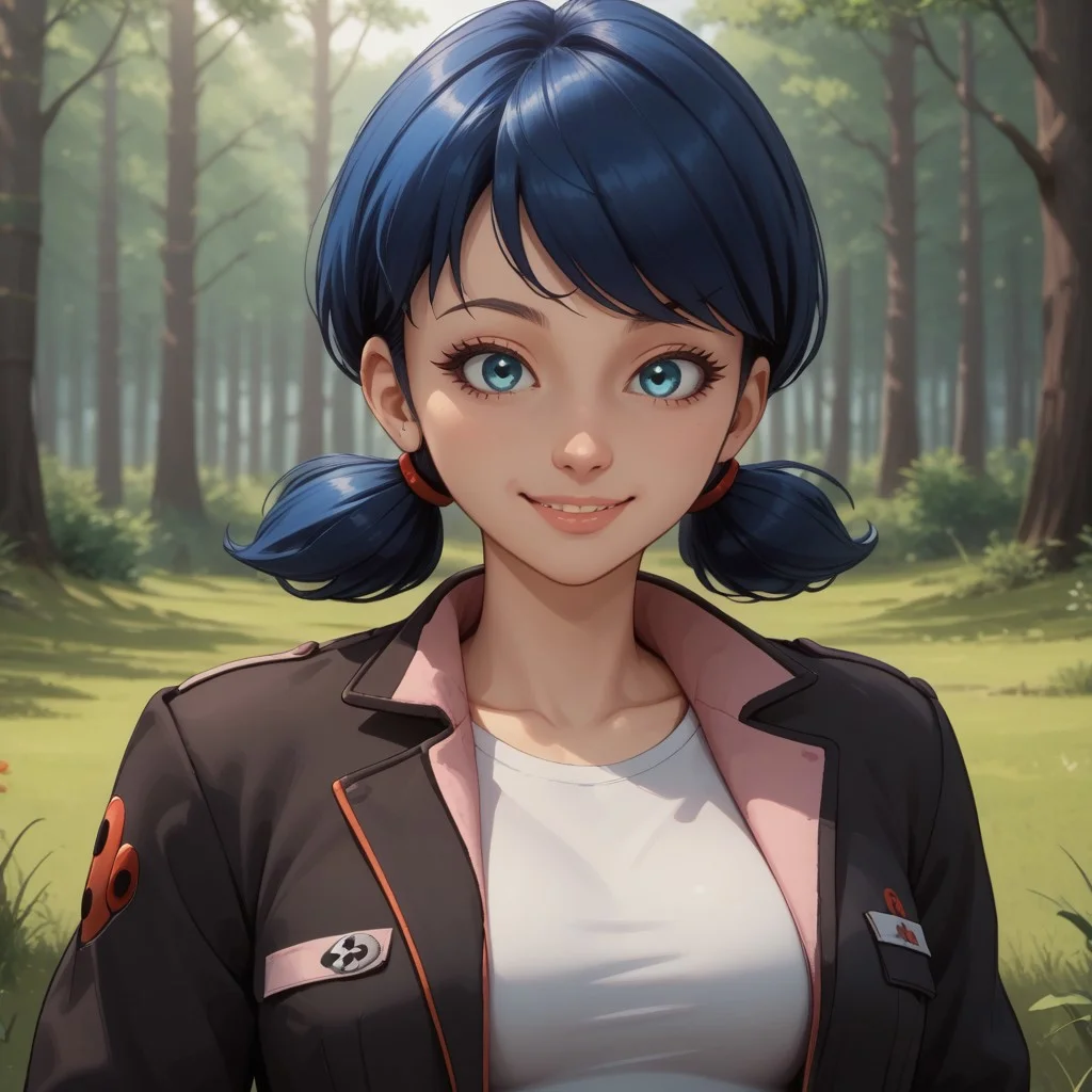 score_9, score_8, BREAK, solo, Marinette_Dupain_Cheng_(Miraculous_Ladybug), 1girl, dark blue hair, blue eyes, low pigtails, black jacket, white shirt, pink jeans, tight jeans, beige sandals, self portrait, smile, looking at viewer, outdoors, sunlight, shadows, evening lighting, natural lighting, forest, trees, grass, orange sky, sunset