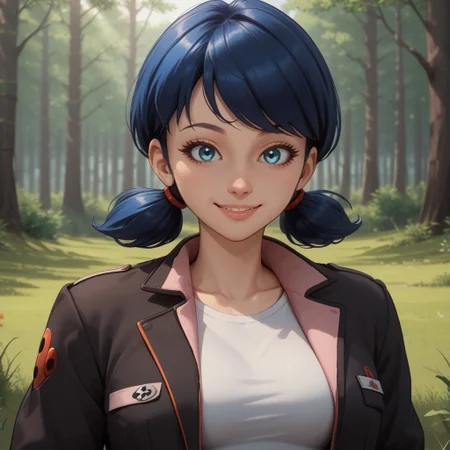 score_9, score_8, BREAK, solo, Marinette_Dupain_Cheng_(Miraculous_Ladybug), 1girl, dark blue hair, blue eyes, low pigtails, black jacket, white shirt, pink jeans, tight jeans, beige sandals, self portrait, smile, looking at viewer, outdoors, sunlight, shadows, evening lighting, natural lighting, forest, trees, grass, orange sky, sunset