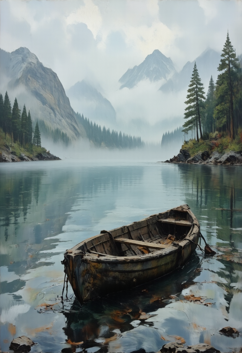 A forgotten wooden boat floating in a misty, still lake, Solitude in Nature, in memadukan_painter art style, <lora:Memadukan_Brush_Strokes_of_Fineart-000006:1.0>