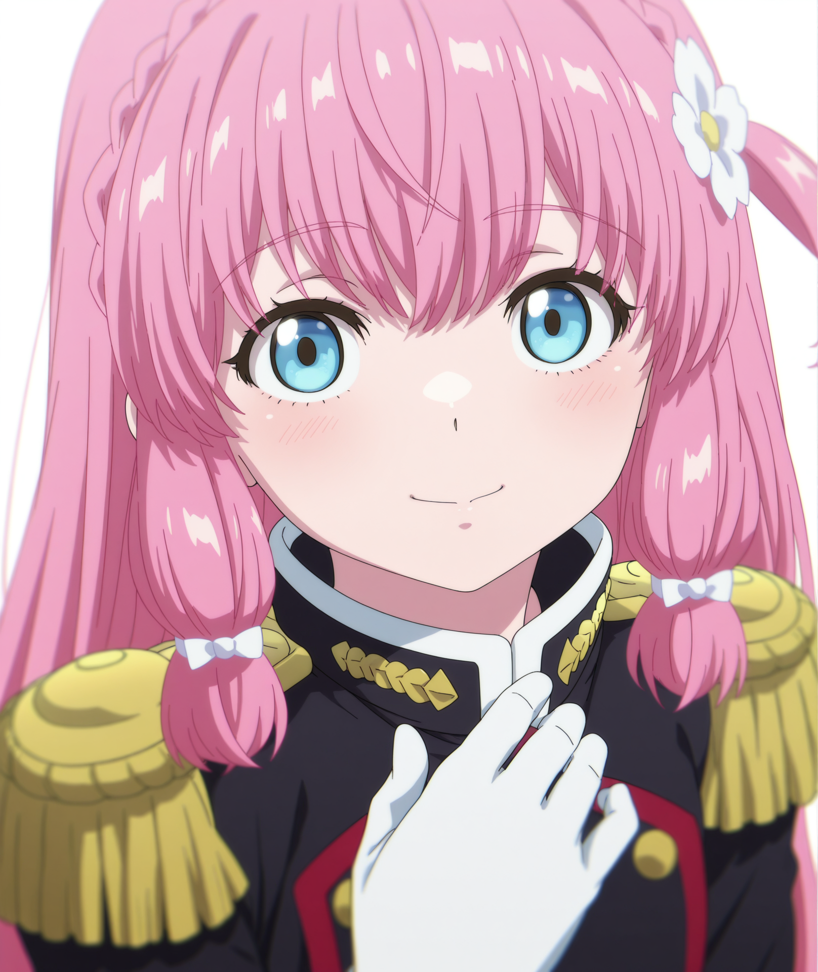 highres, hi res, best quality, masterpiece, 2d, intricate details, 4k, anime coloring,
1girl, solo, female, eyelashes, nose, long hair, bangs, blue eyes, hair ornament, pink hair, braid, flower, hair flower, crown braid,
long sleeves, uniform, belt, military, military uniform, epaulettes, gloves, 
upper body, looking at viewer, facing viewer, front viewer, 
depth of field, white background, <lora:Nei_Ookawamura_ILXL:1>, mato seihei no slave, ookawamura nei \(mato seihei no slave\), ookawamura nei,