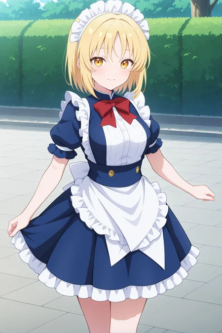 absurdres, highres, masterpiece, best quality, amazing quality, official anime artwork, screencap, anime screencap, outdoors, looking at viewer, light smile, dynamic pose, standing,
 <lora:Mugetsu_Illustrious:1> mugetsu, yellow eyes, blonde hair, short hair,, maid headress, red bowtie, blue dress, puffy short sleeves, frilled apron, waist apron, white apron,