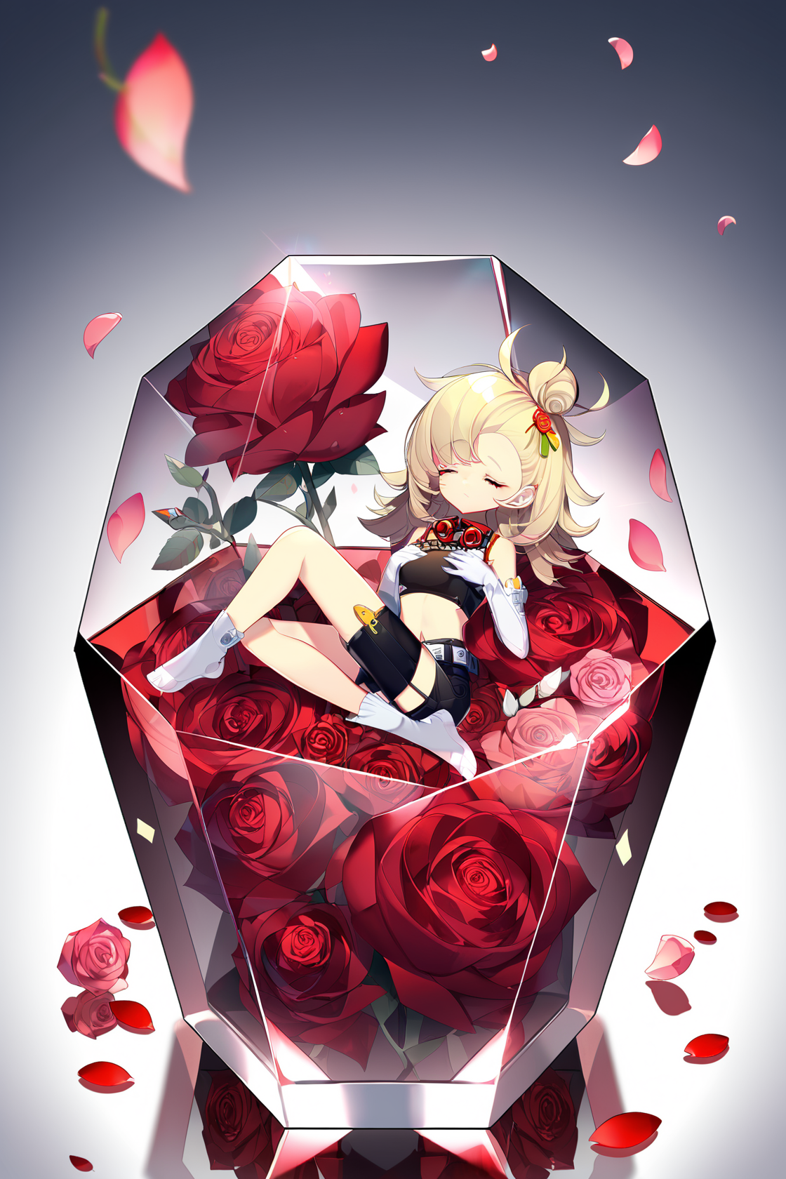 8k, best quality, masterpiece, (ultra-detailed), (high detailed skin), (by nanoless, by misumi \(macaroni\):0.25), 
1girl, encased in huge crystals, in the container, flower, closed eyes, solo, red flower, rose, petals, red rose, closed mouth, full body, a detailed digital illustration of a girl sealed by crystal, is seen in a hexagon-shaped glass cube. The illustration is surrounded by a mix of black, white, pink, blue, and red colors. The cube is placed on a reflective surface. The background is a dark brown, and there is a light reflecting off of the cube, <lora:xl_more_art-full-beta2:0.5>, 
<lora:paixi-atw2-Tanger-000008:0.7>, paipai, def-clothes of paipai, bangs pinned back, 1girl, blonde hair, gloves, black shorts, hair ornament, yellow gloves, hands on the chest,