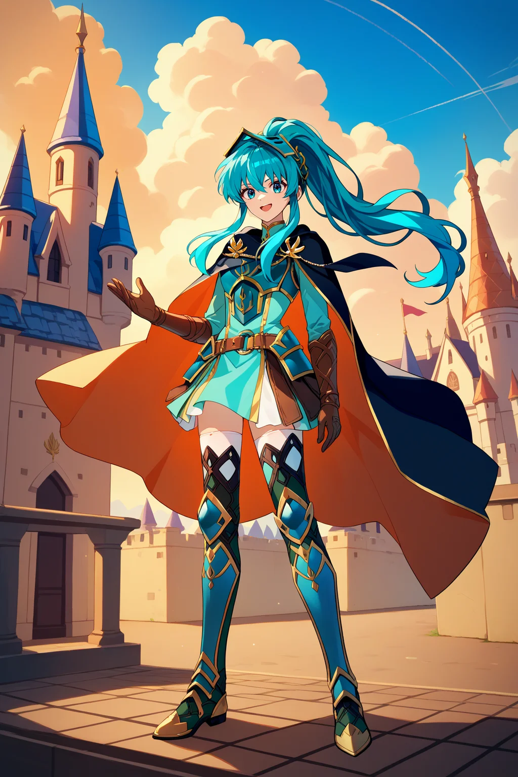 score_9, score_8_up, score_7_up, score_6_up, source_anime, 1girl, solo <lora:braveeirika-pdxl-nvwls-v1-000005:1> brvEir, cyan hair, high ponytail, hair between eyes, armored visor, cyan armor, red and black cape, breastplate, cyan dress, belt, brown gloves, cyan greaves, castle walls, standing, looking at you, wide shot, blue sky, clouds, happy, full body