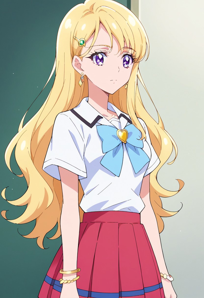 score_9, score_8, score_7, source_anime, 1girl, solo, pretty cure, saki ayase, long hair, bangs, blonde hair, purple eyes, hairclip, medium breasts, jewelry, white shirt, short sleeves, pleated skirt, earrings, bow, bracelet