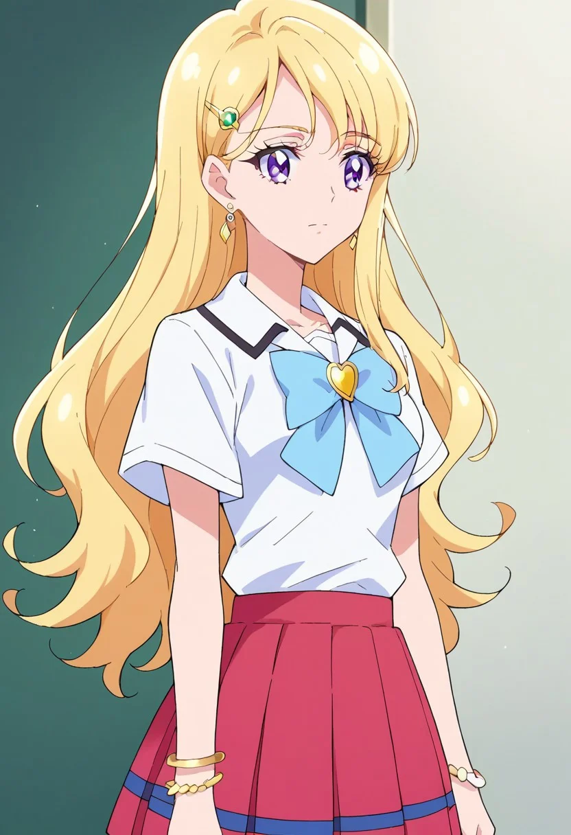 score_9, score_8, score_7, source_anime, 1girl, solo, pretty cure, saki ayase, long hair, bangs, blonde hair, purple eyes, hairclip, medium breasts, jewelry, white shirt, short sleeves, pleated skirt, earrings, bow, bracelet