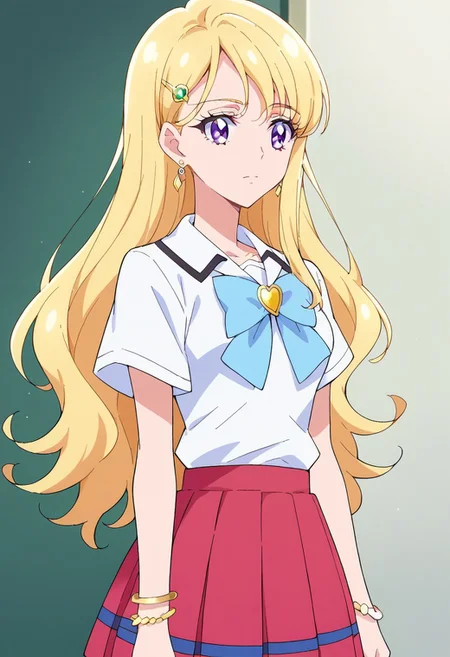 score_9, score_8, score_7, source_anime, 1girl, solo, pretty cure, saki ayase, long hair, bangs, blonde hair, purple eyes, hairclip, medium breasts, jewelry, white shirt, short sleeves, pleated skirt, earrings, bow, bracelet