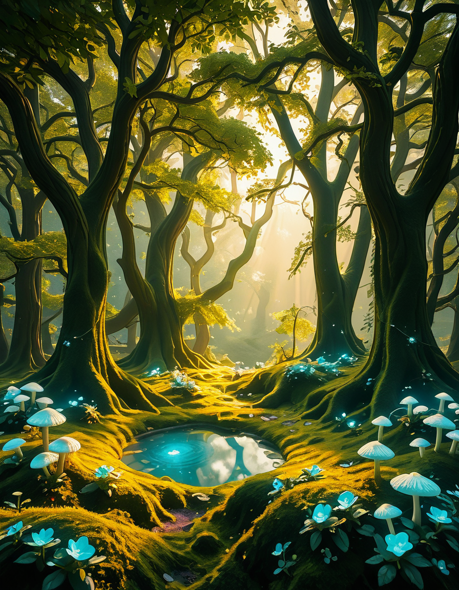 A mystical enchanted forest bathed in a soft, ethereal glow. Towering ancient trees with twisted roots and bioluminescent moss create a dreamlike atmosphere. The air is filled with a faint, magical mist that swirls gently around vibrant, oversized mushrooms and glowing blue and purple flowers. Delicate fireflies and tiny floating orbs of light hover in the air, illuminating the dense foliage with a magical shimmer. A narrow, winding path covered in soft moss leads deeper into the mysterious woodland, where faint beams of golden sunlight filter through the thick canopy, casting intricate patterns on the forest floor. The colors are rich and vibrant, with deep emerald greens, soft blues, and glowing purples creating a surreal and otherworldly ambiance. The scene is highly detailed and photorealistic, capturing the textures of the moss-covered tree trunks, the luminescent flora, and the misty, dreamlike atmosphere of the enchanted forest.
<lora:SDXLFaeTastic2400:0.4> <lora:extremely_detailed:0.4> extremely detailed,<lora:3nch4nt3d_f0r3st-ill:1>,3nch4nt3d f0r3st, Masterpiece,best quality,hi res,8k,hi res,8k,award winning,(sharp focus, intricate, highly detailed),
