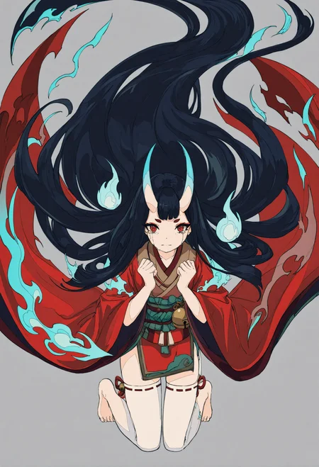 1girl, zashiki warashi \(onmyoji\), onmyoji,
bell, black hair, blue fire, closed mouth, crying, fire, floating hair, full body, grey background, hitodama, horns, japanese clothes, jingle bell, kimono, kneeling, long hair, looking at viewer, red eyes, red kimono, skin-covered horns, solo, tears, thick eyebrows, wide sleeves, oni, very long hair, crying with eyes open, short eyebrows, simple background, barefoot, torn clothes, ribbon-trimmed legwear, ribbon trim, thighhigh, white thighhighs,
.
masterpiece, best quality, very aesthetic, absurdres
<lora:ç¦è¶forNoob:0.95>