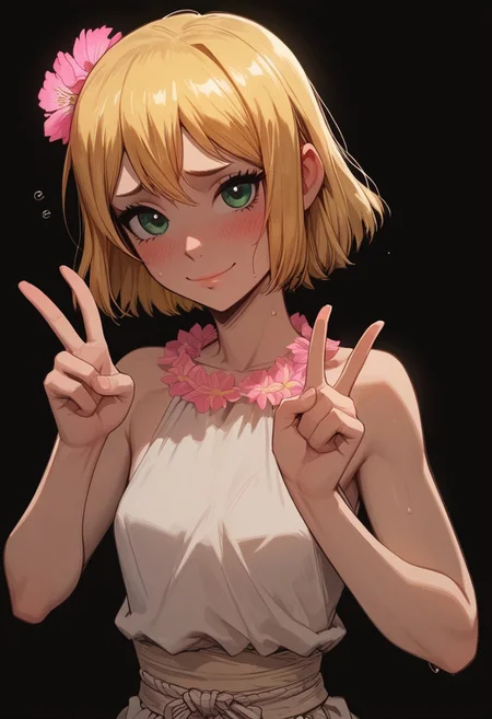 score_9, score_8_up, score_7_up, score_6_up, expressiveh, <lora:princess_xl_v1:0.3> <lora:Expressive_H:0.65> <lora:g0th1cPXL:0.45> , 1boy, femboy solo, Ginro (Dr. Stone) ,  Ginro female disguise, bob hair, green eyes, cute face, flowers in hair, flower necklace, V-gesture, nervous smile, cold sweat, cute dress, feminine body proportions, slim, small waist, extra small breasts,  shy,  black background,