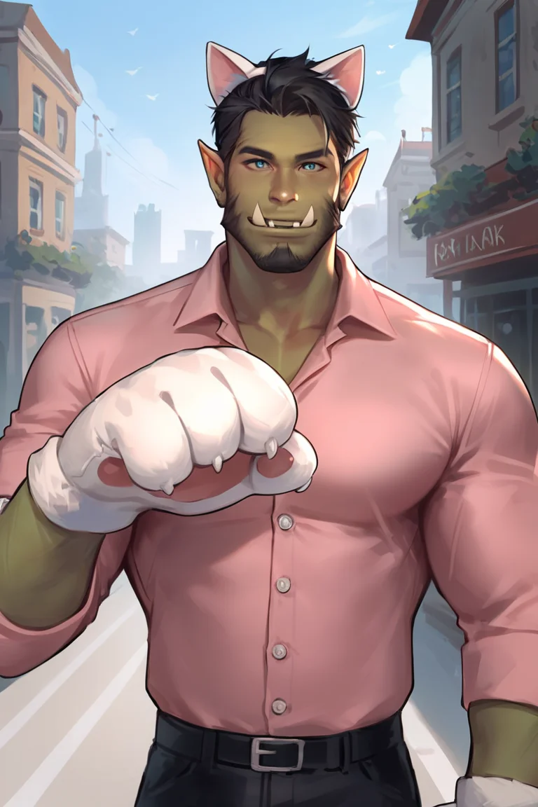 score_9, score_8_up, score_7_up, rating_safe, orc, green skin, tusks, facial hair, beard, mustache, black hair, blue eyes, pink shirt, collared shirt, long sleeves, black pants, muscular, 1boy, solo, male focus, mature male, fake animal ears, animal ears, cat ears, white cat ears, paw gloves, white paw gloves, cat paws, paw pose, smile, looking at viewer, cowboy shot, standing, outdoors, city, building <lora:NAI3 Smooth Boys Style LoRA_Pony XL v6:0.8>