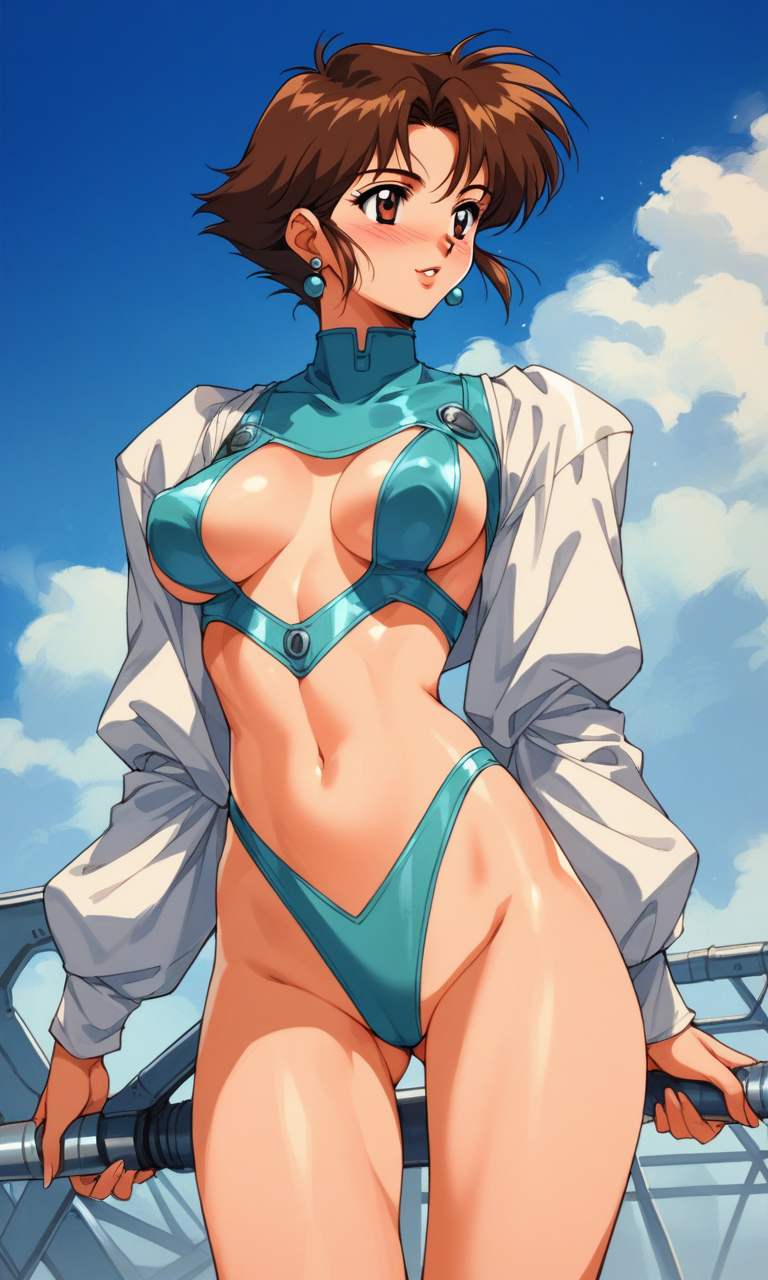 score_9, score_8_up, score_7_up, score_6_up, score_5_up, score_4_up, source_anime, 1980s_(Style), retro_artstyle, 3ighti3sstyl3, 1woman, revealing clothes, blush, solo focus, science_fiction  