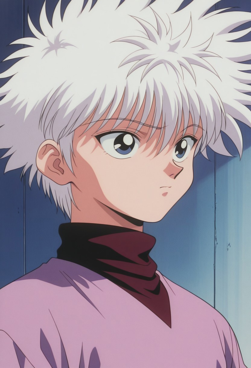 masterpiece,best quality,amazing quality, source_anime, retro_artstyle,
KiruaZorudikku, 1boy, male focus, solo, blue eyes, white hair, red shirt, turtleneck, purple shirt, portrait,