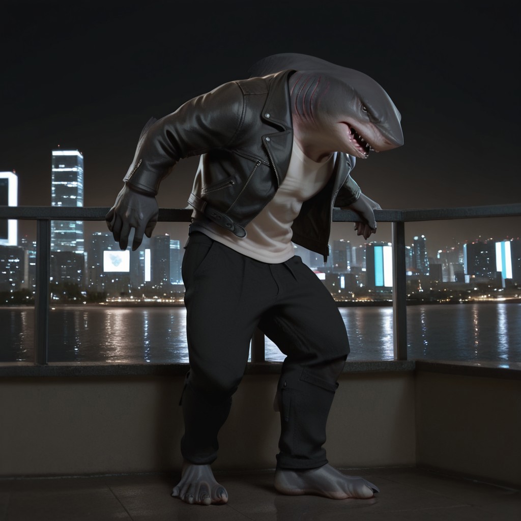 masterpiece, best quality, amazing quality, kingsharkfil, anthro, male, shark-boy, grey skin, black eyes, white shirt, leather jacket, black pants, full body, city, solo, barefoot , looking at viewer