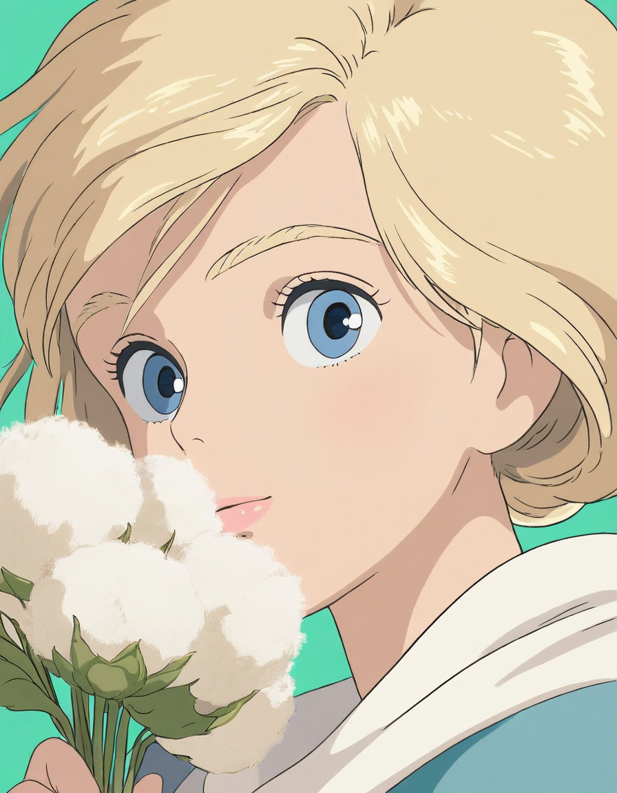 Studio Ghibli, hand-drawn animation style,
masterpiece, high score,
girl,blonde hair,blue eyes,cotton,portrait,illustration,digital art,soft colors,green background,holding flowers,
 <lora:Ghibli_xl_v2:1>