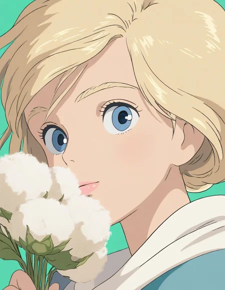 Studio Ghibli, hand-drawn animation style,
masterpiece, high score,
girl,blonde hair,blue eyes,cotton,portrait,illustration,digital art,soft colors,green background,holding flowers,
<lora:Ghibli_xl_v2:1>
