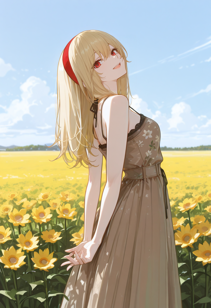 1girl, solo, anime coloring, anime artwork, unholy-aesthetic, masterpiece, best quality, newest, absurdres, highres, safe, CG, cinematic lighting, natural shadow, highest detail, detailed background, intricate scenery, depth of field, insane details, intricate, subsurface scattering, very aesthetic, serene atmosphere, artistic rendering, dramatic contrast, luminous elements, soft painterly texture, striking visual design, finely detailed face, beautiful face, CG, anime, source anime, illustration, high resolution, ultra-detailed, rule of thirds, masterpiece-level,
safe, sfw, intricate scenery, (looking at viewer:1.5),
day, blue sky, clouds, from side,
flower field, arms behind back, looking back,
<lora:kaelaIL:0.45> kaelaIL, long hair, medium breasts, red eyes, tsurime, (blonde hair:1.5), red hairband, happy smile, open mouth,
<lora:Mocha_Petal_Dress:1> Mocha_Petal_Dress, dress, bare shoulders, sleeveless, bare arms, floral print, spaghetti strap, brown dress, long dress,
<lora:add-detail-xl:1>,
<lora:748cm_illu:0.85> 7481llu,
<lora:USNR_STYLE_ILL_V1_lokr3:0.85> usnr