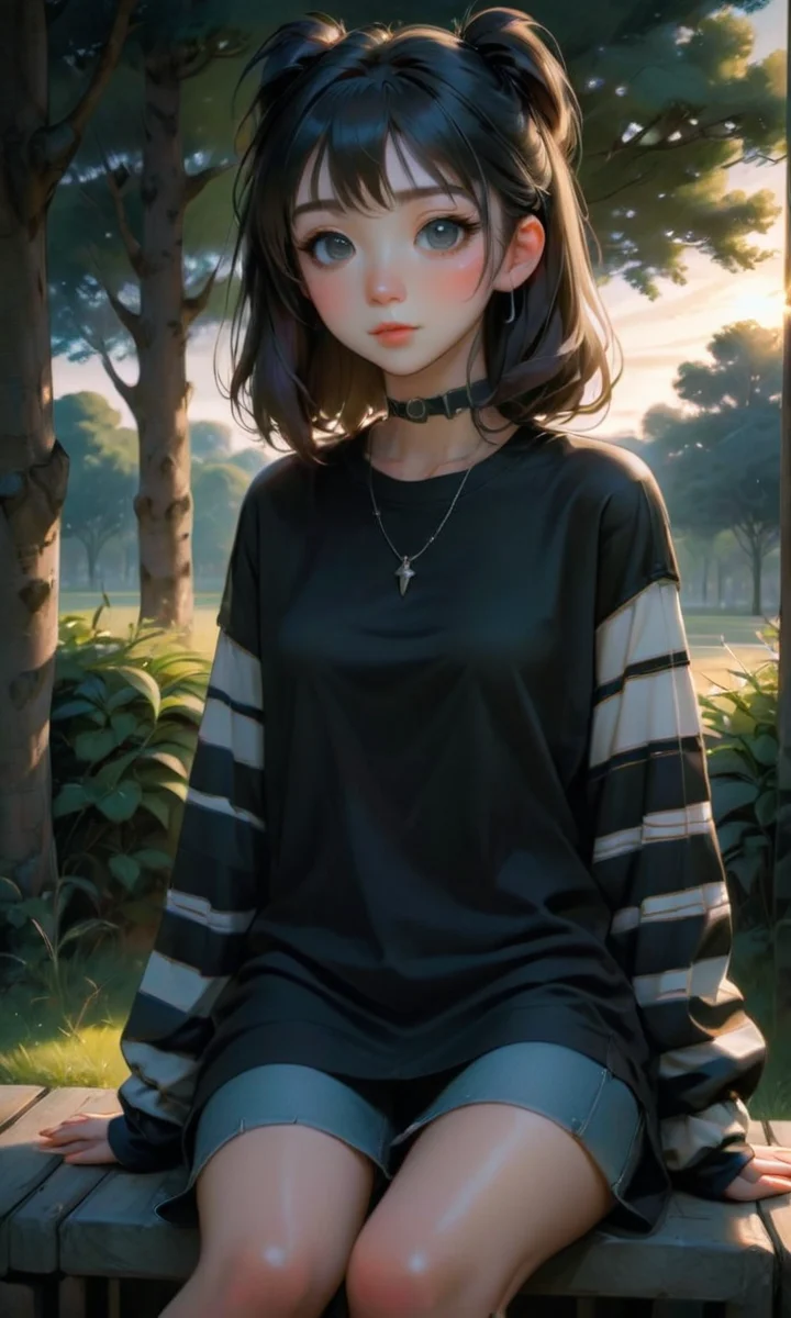 digital art, anime, dynamic angle, detailed, handsome young woman, (oversize) plain black t-shirt with (long striped sleeves), sitting outside, detailed face, soft evening light <lora:alt_fashion_v2:1> <lora:aesthetic_anime_v1s:1>