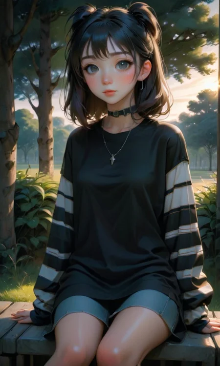 digital art, anime, dynamic angle, detailed, handsome young woman, (oversize) plain black t-shirt with (long striped sleeves), sitting outside, detailed face, soft evening light <lora:alt_fashion_v2:1> <lora:aesthetic_anime_v1s:1>
