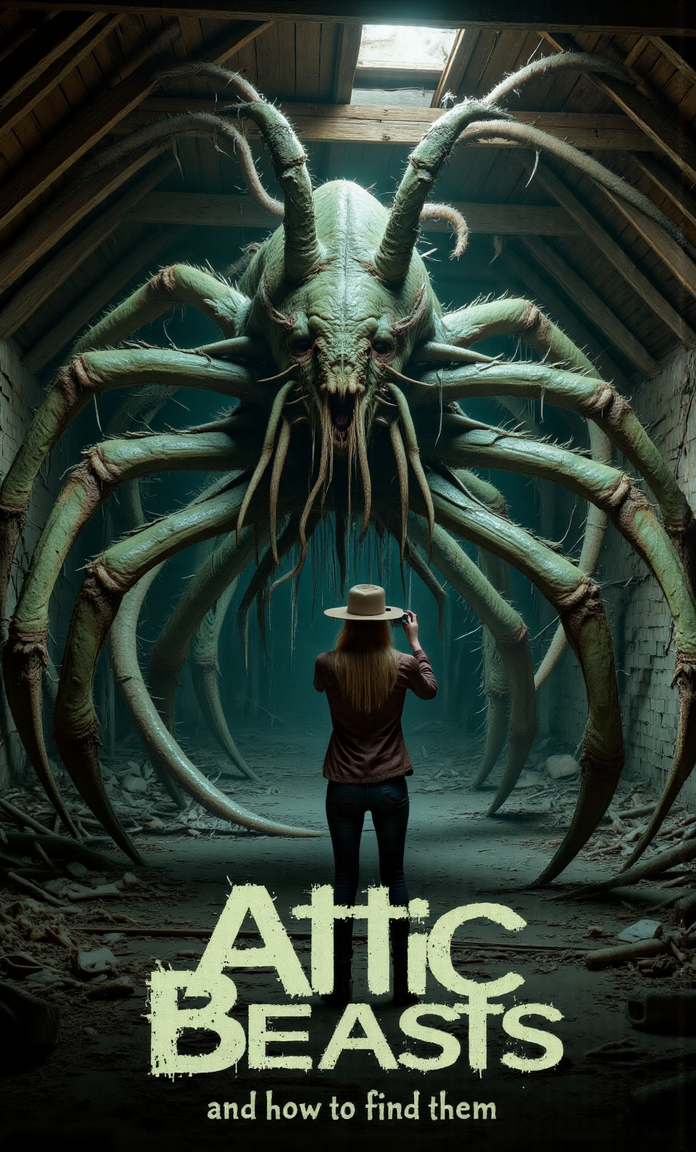 A full-body photograph of a horrifying Mint green-Forest monster-lobster, as imagined by Zdzisław Beksiński, in the nighttime attic.  A small window illuminates the messy scene. A woman wearing a cowboy hat, leather jacket, and jeans takes a photograph of the creature. The creature has many eerie tendrils and twisted horns. The movie title "Attic Beasts" with the subtitle "and how to find them" dominates the bottom of the image.